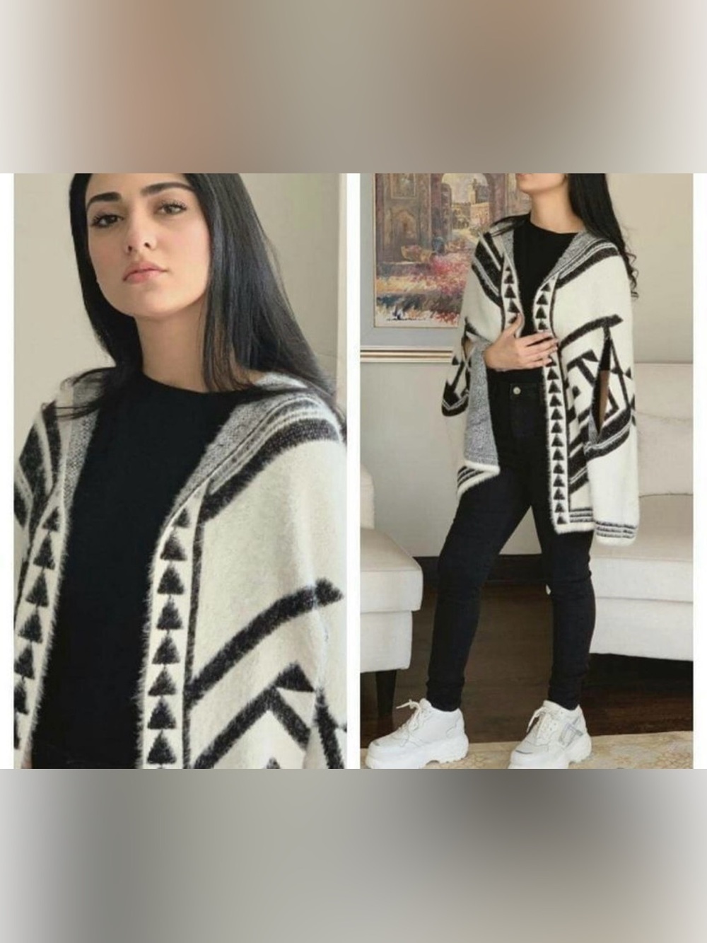 tea n rose Black and White Geometric Knit Poncho